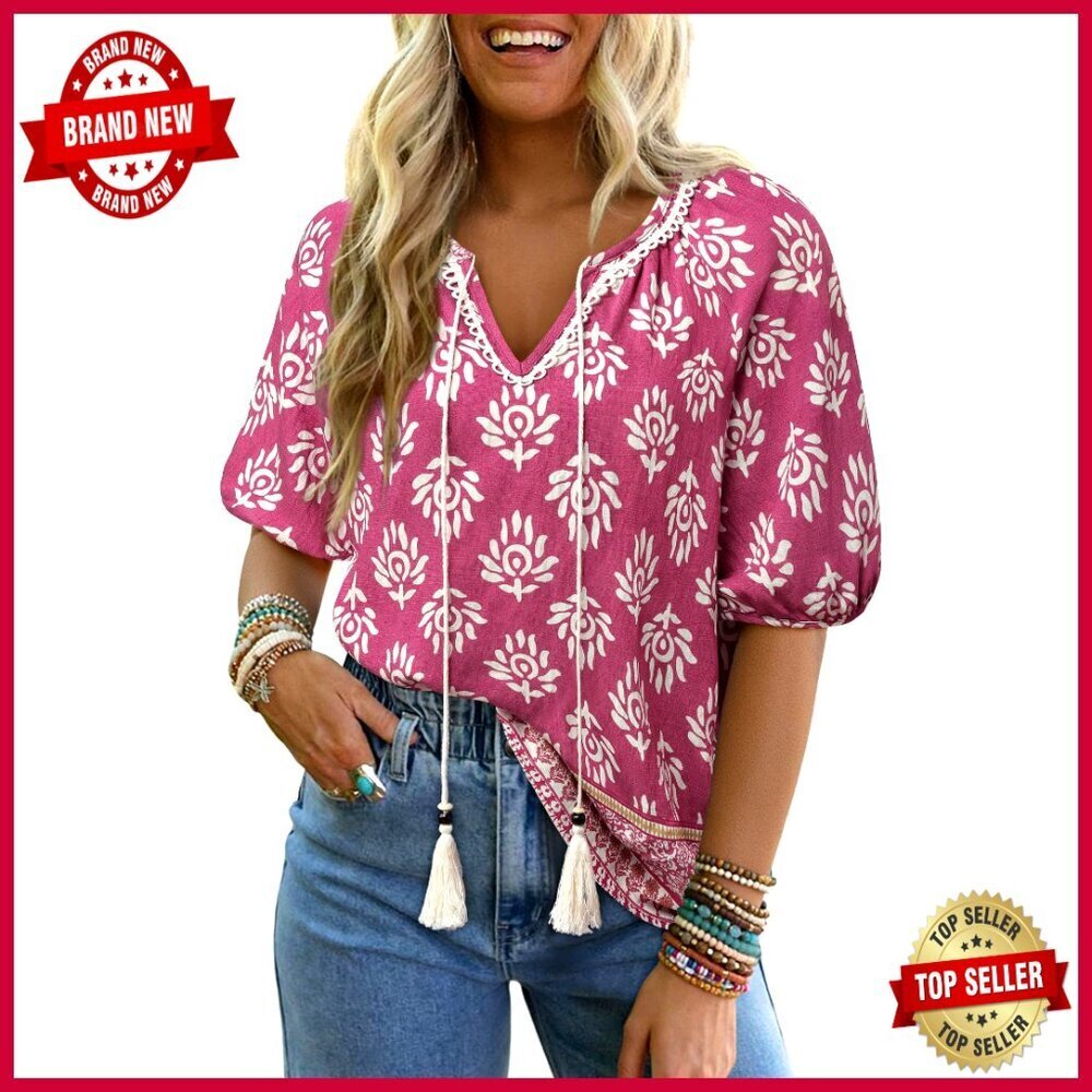 Boho Floral Blouse with Tie Front, Puff Sleeves, Loose Fit, Rayon Nylon